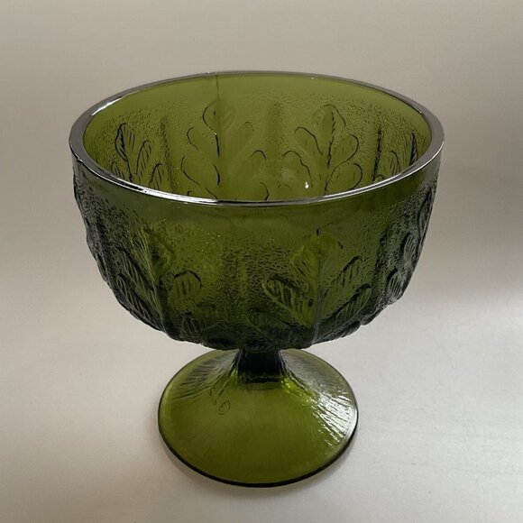 VINTAGE 1978 FTD EMBOSSED OAK LEAF GREEN GLASS CHALICE - Picture 3 of 8